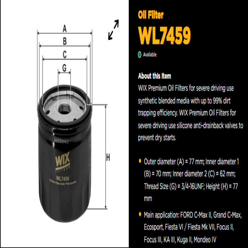 WIX BY MANN And HUMMEL Engine Oil Filter WL7459 For Ford Fiesta / Focus / Kuga / EcoSport / Escape Mondeo / Mustang 2.3