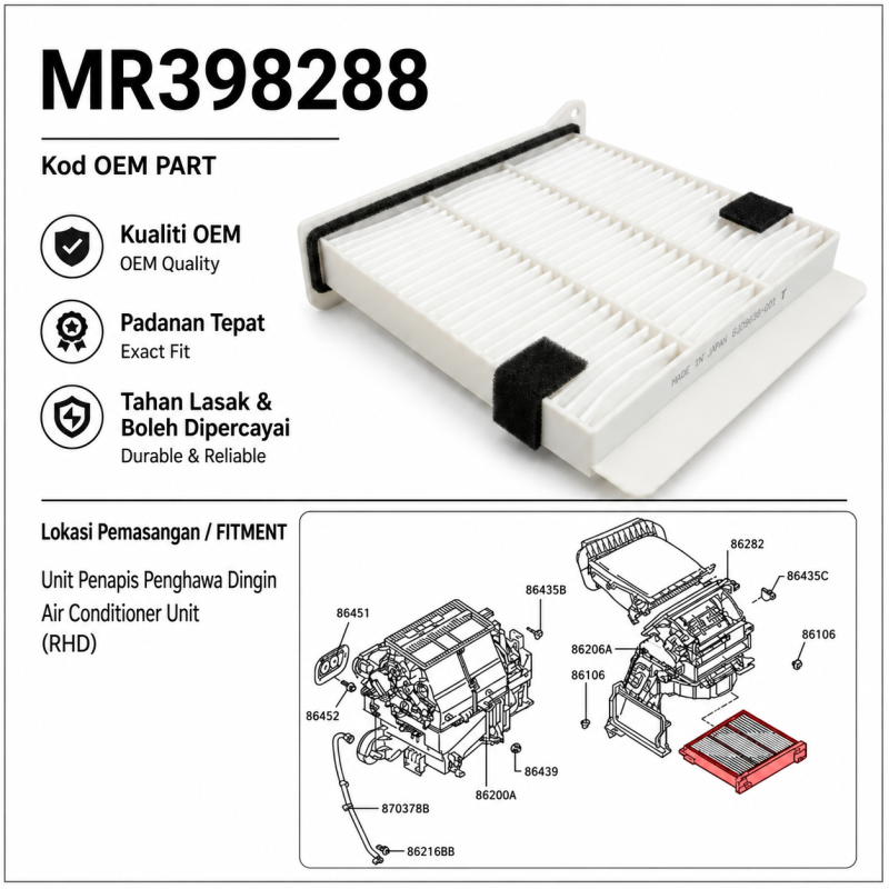 Mitsubishi Triton 2005-2014, Pajero Sport, Lancer, Outlander, Grandis, Airtrek Cabin Air Filter MR398288